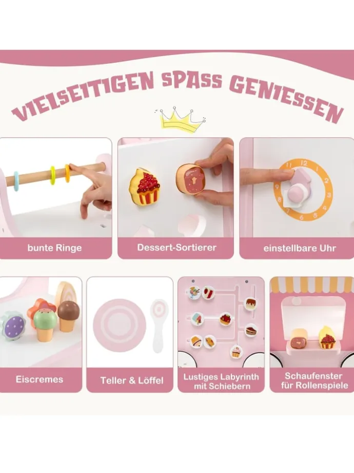 Lauflernwagen Holz Höhenverstellbar mit Aktivitätszentrum in Rosa