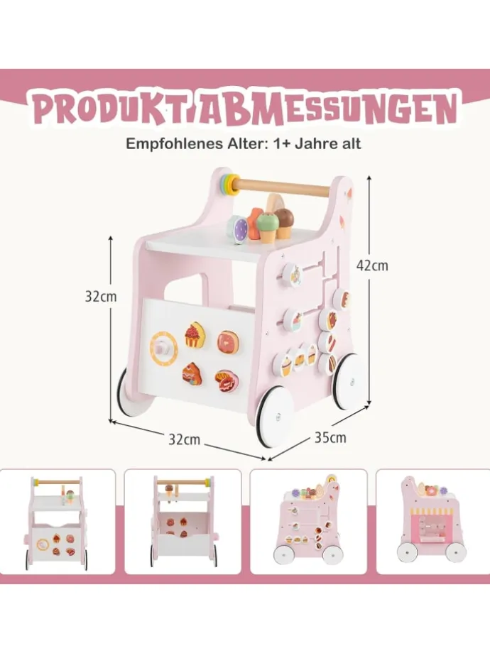 Lauflernwagen Holz Höhenverstellbar mit Aktivitätszentrum in Rosa
