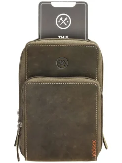 Leder-Handytasche in Khaki - (B)11 x (H)20 x (T)13 cm