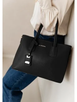 Leder-Henkeltasche in Schwarz - (B)38 x (H)24 x (T)15 cm