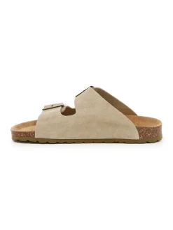 Leder-Pantoletten in Khaki