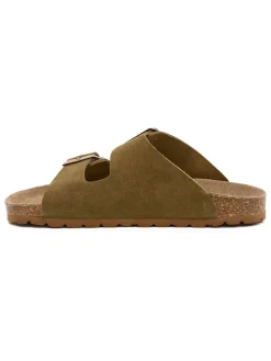 Leder-Pantoletten in Khaki
