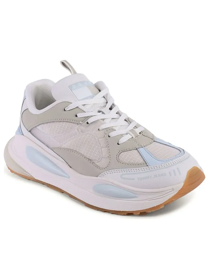 Leder-Sneakers in Beige/ Hellblau