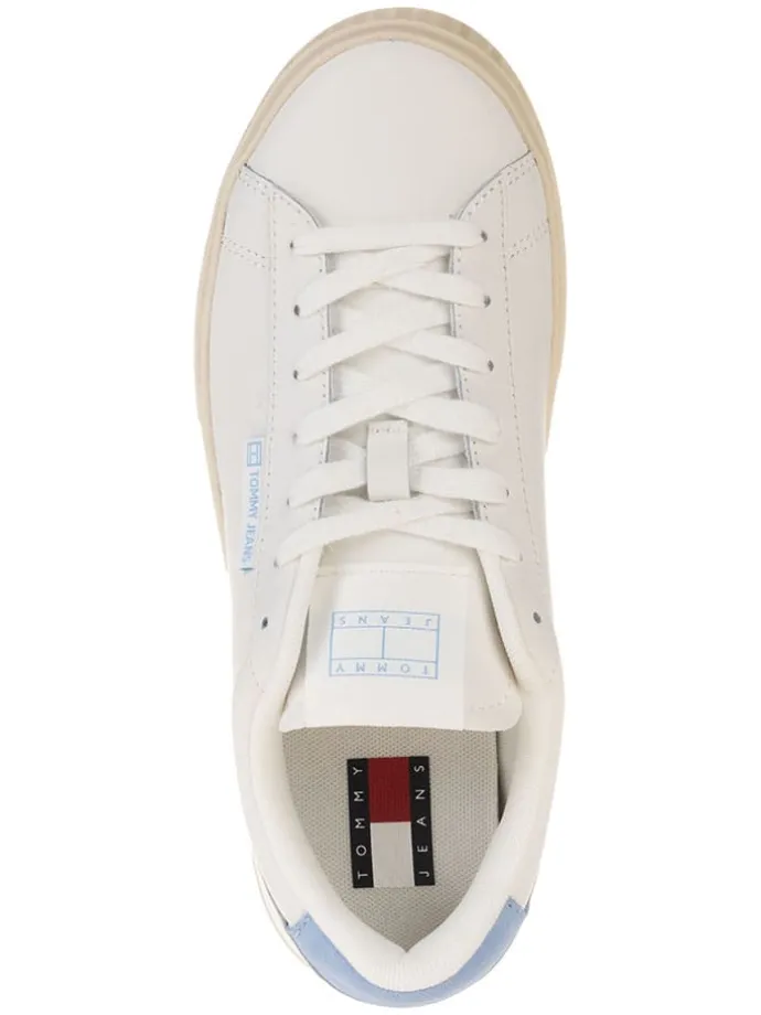Leder-Sneakers in Creme/ Hellblau