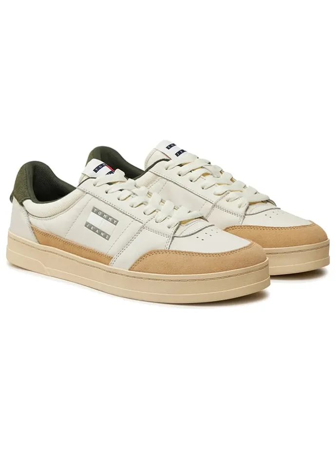 Leder-Sneakers in Khaki/ Beige/ Weiß
