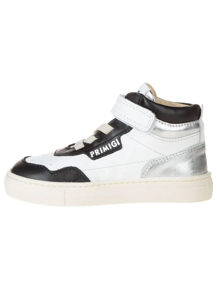 Leder-Sneakers in Weiß/ Schwarz/ Silber