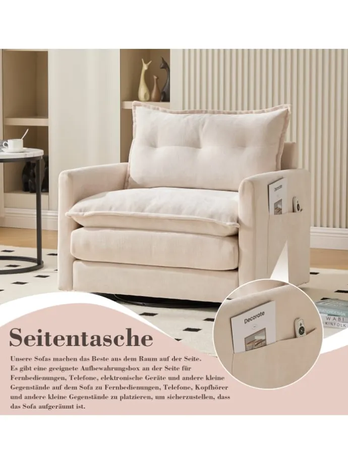 Loungesessel in Beige 360° drehbar mit Armlehnen und Kissen