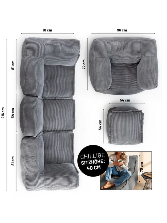 LUMALAND Modulares Basic Set (5-tlg.) aus der Cord-Reihe - Bezug soft & waschbar