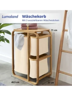 Lumaland Wäschekorb aus Bambus mit 2 ausziehbaren Wäschesäcken Farbe Dunkelgr