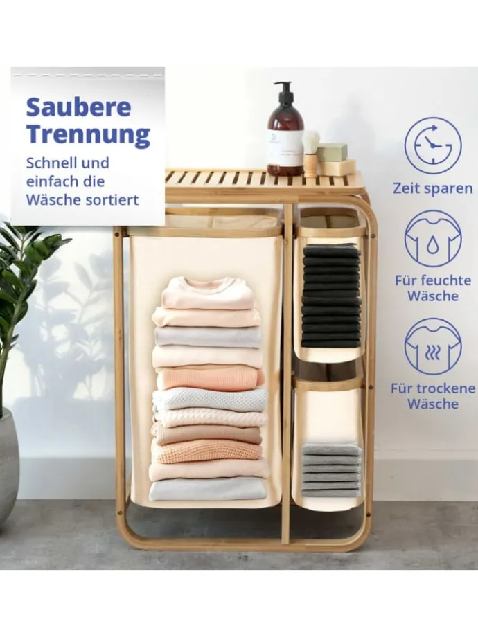 Lumaland Wäschekorb aus Bambus mit 2 ausziehbaren Wäschesäcken Farbe Dunkelgr