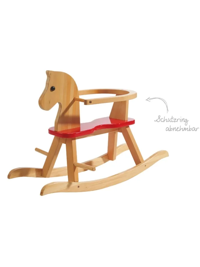 Mitwachsendes Schaukelpferd aus Holz natur/rot – mit Schutzring