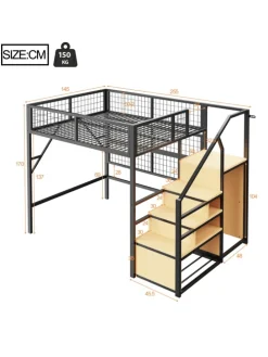Multifunktional Etagenbett 140*200 Hochbett mit LED und Stauraum, Schwarz