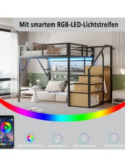 Multifunktional Etagenbett 140*200 Hochbett mit LED und Stauraum, Schwarz