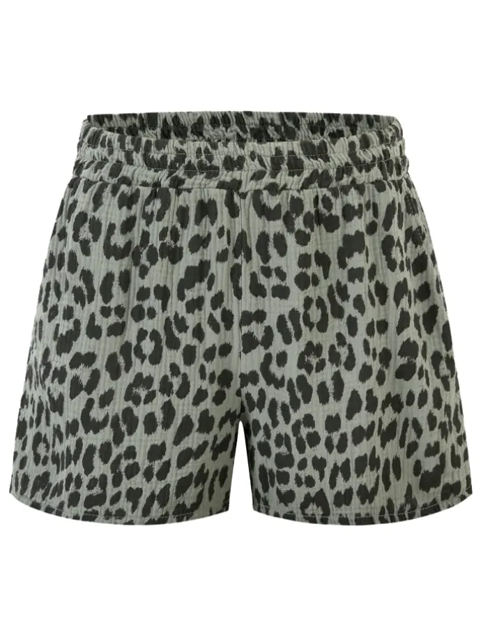 Musselin Shorts mit Leo-Print in Khaki