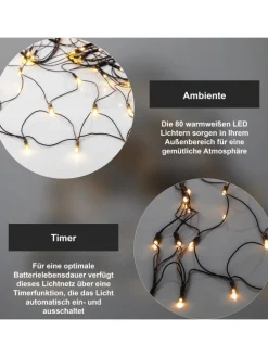 Netz LED-Lichterkette ,Akku, Batterie, warmweiß, outdoor, 80 LEDs, 15