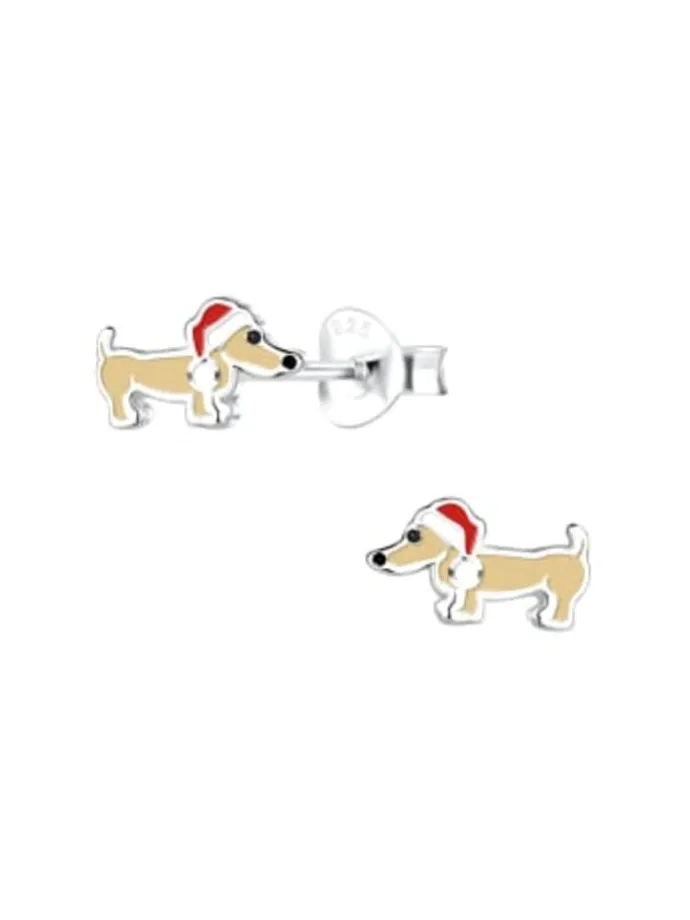 Ohrringe, Ohrstecker DACKEL mit Weihnachtsmütze in 925 Sterling Silber, 2-tlg.