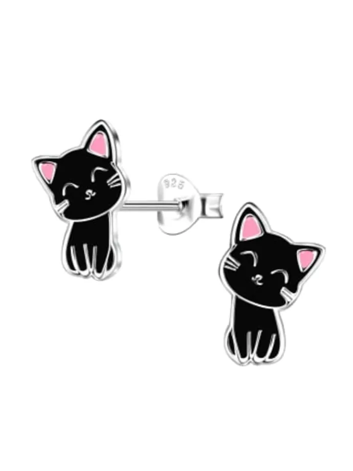 Ohrringe, Ohrstecker KATZE schwarz sitzend in 925 Sterling Silber, 2-tlg.