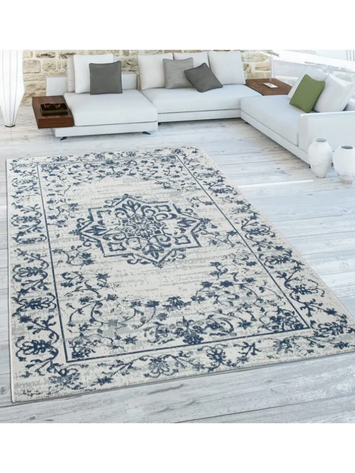 Outdoor Teppich Medaillon-Vintage Balkon, Terrasse in Dunkelblau