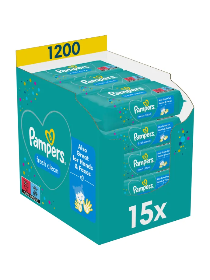 Pampers Fresh Clean Feuchttücher 15 Packungen = 1200 Feuchttücher