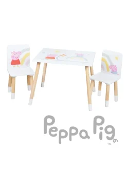 Peppa Pig Sitzgruppe, Tisch & 2 Stühle, Holz weiß/natur, rosa Motiv