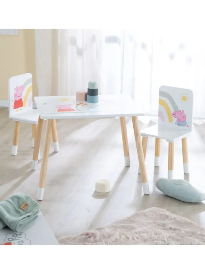 Peppa Pig Sitzgruppe, Tisch & 2 Stühle, Holz weiß/natur, rosa Motiv