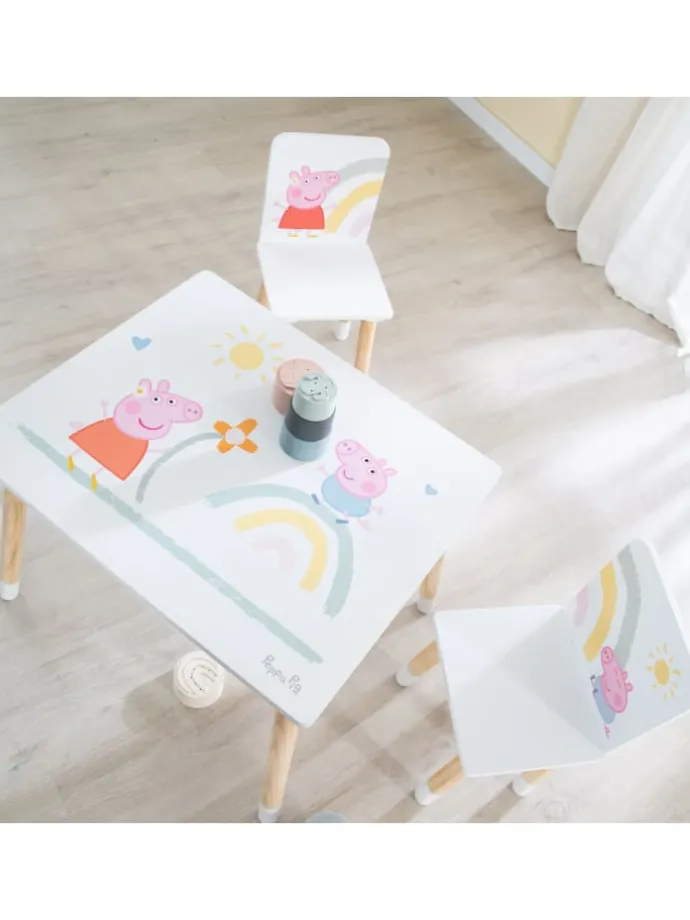 Peppa Pig Sitzgruppe, Tisch & 2 Stühle, Holz weiß/natur, rosa Motiv
