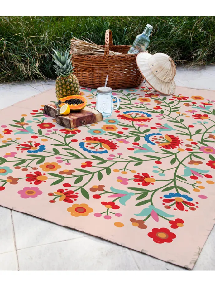 Picknickdecke "Mexican Flowers" in Beige/ Rot - (L)170 x (B)140 cm
