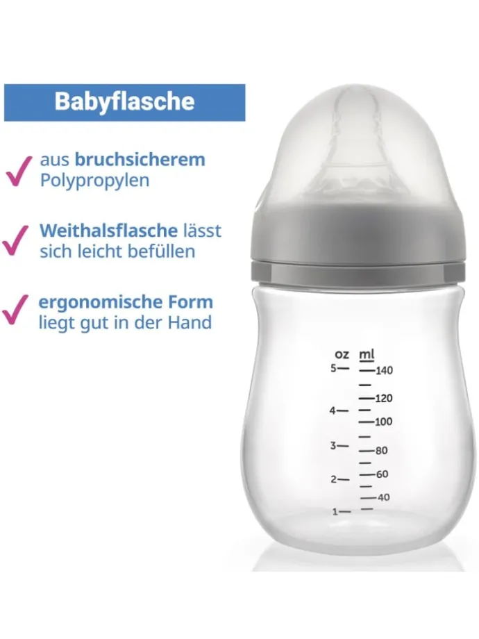 PP-Flasche 140 ml mit Silikon-Trinksauger in grau
