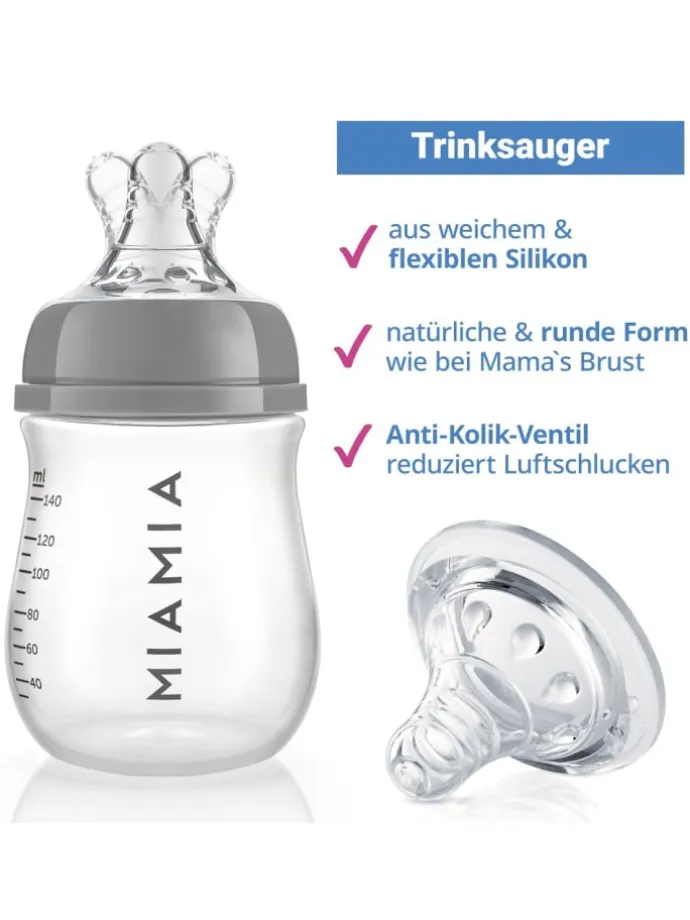 PP-Flasche 140 ml mit Silikon-Trinksauger in grau