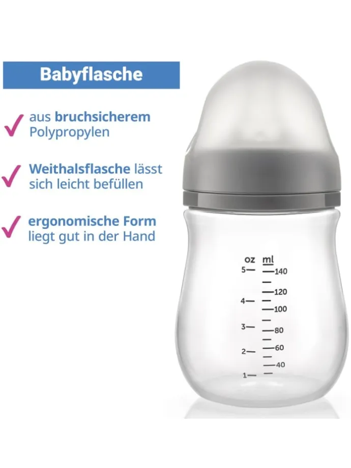 PP-Flasche 2er Pack 140 ml + Silikon-Trinksauger in grau