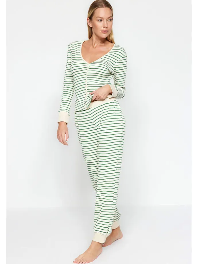 Pyjama in Creme/ Grün