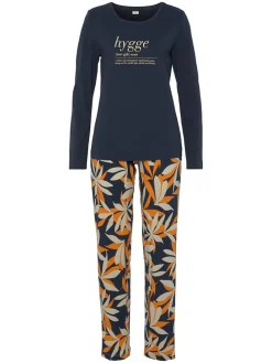 Pyjama in Dunkelblau/ Beige/ Orange