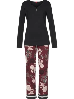 Pyjama in schwarz-bordeaux-mehrfarbig-geblümt
