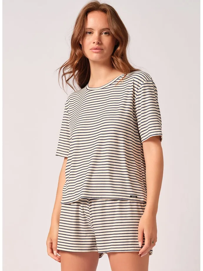 Pyjama-Oberteil in Creme/ Dunkelblau