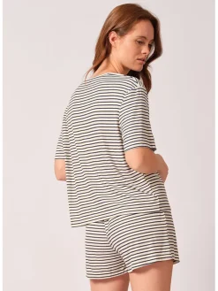 Pyjama-Oberteil in Creme/ Dunkelblau