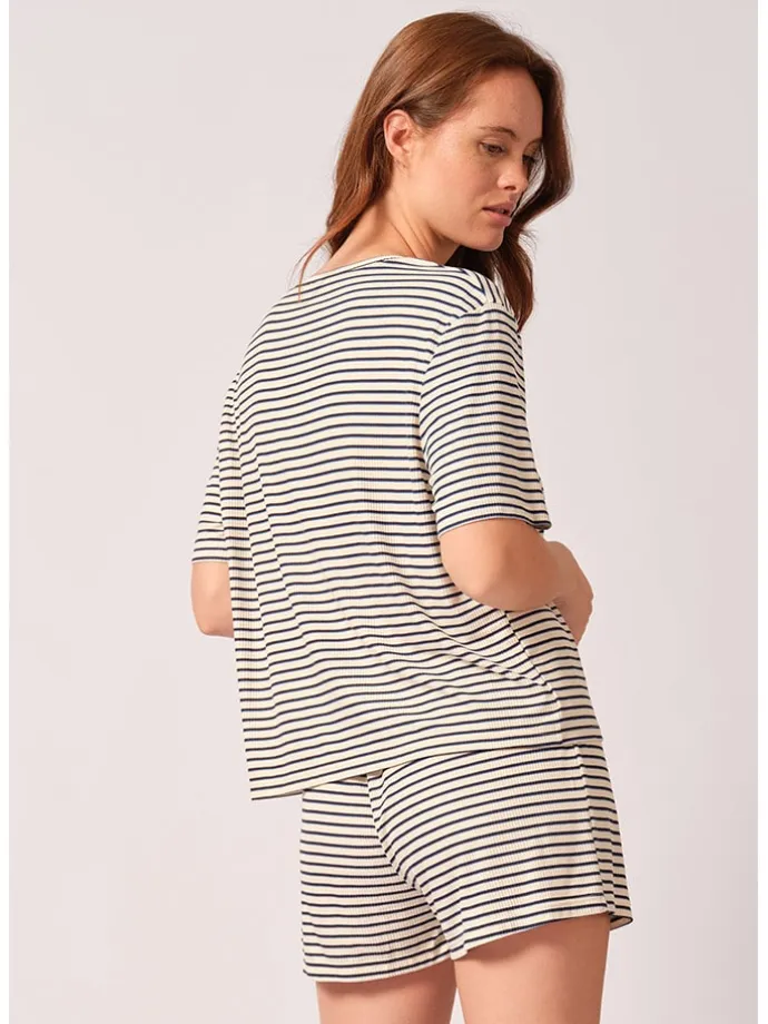 Pyjama-Oberteil in Creme/ Dunkelblau
