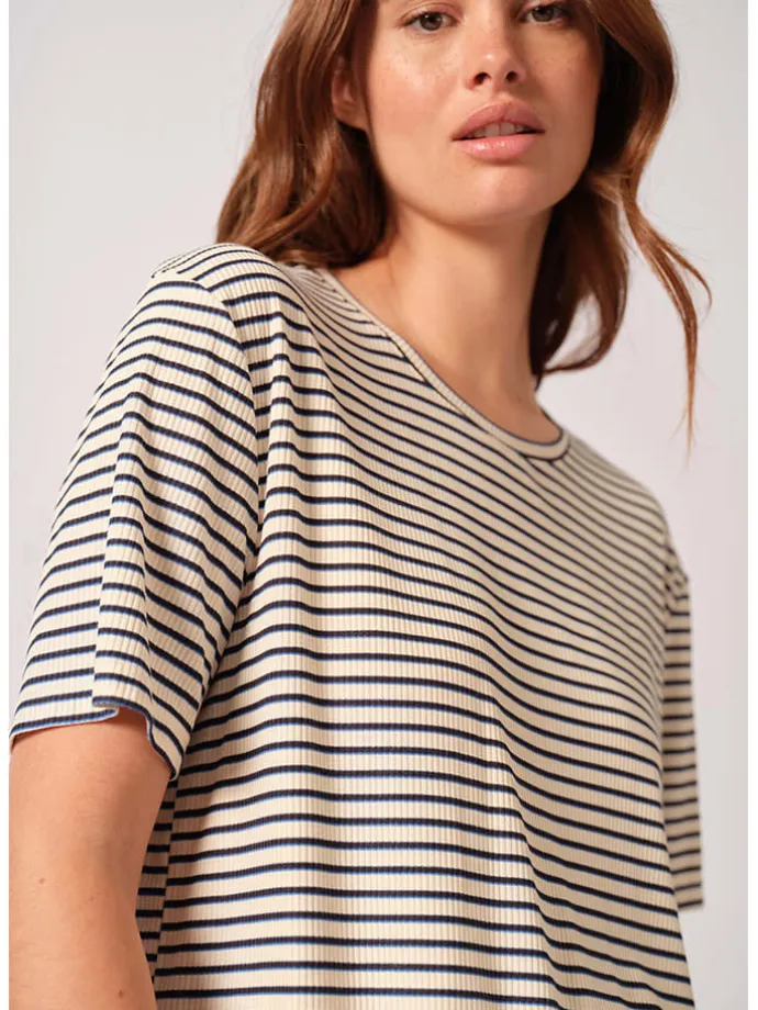Pyjama-Oberteil in Creme/ Dunkelblau