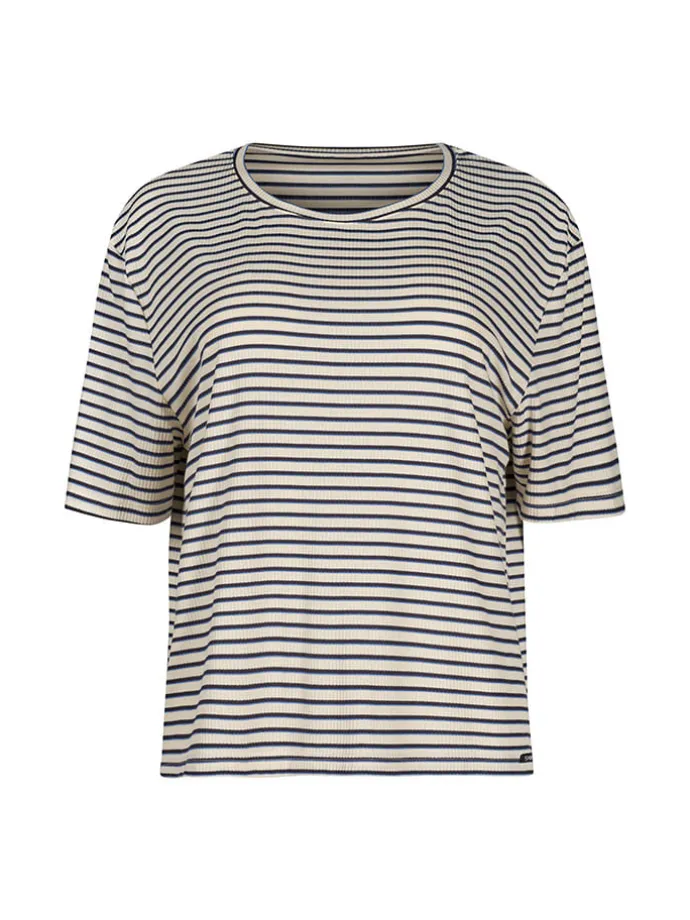 Pyjama-Oberteil in Creme/ Dunkelblau