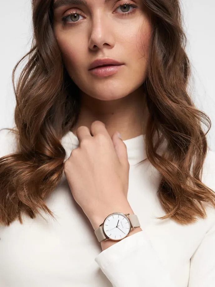 Quarzuhr in Beige/ Roségold/ Weiß
