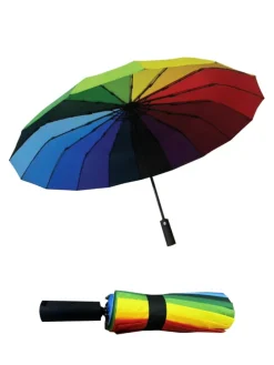 Regenbogen Taschenregenschirm mit Automatik & 16-facher Verstrebung in Schwarz