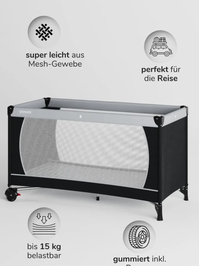 Reisebett 60x120 cm - fold & go - mit Matratze SleepPlus, schwarz/grau