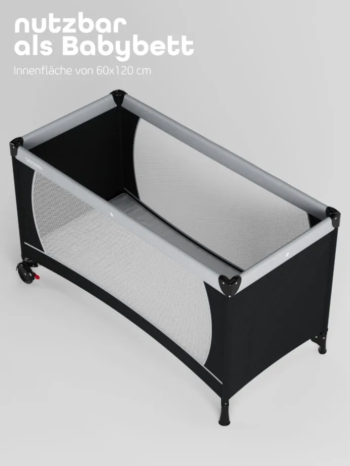 Reisebett 60x120 cm - fold & go - mit Matratze SleepPlus, schwarz/grau