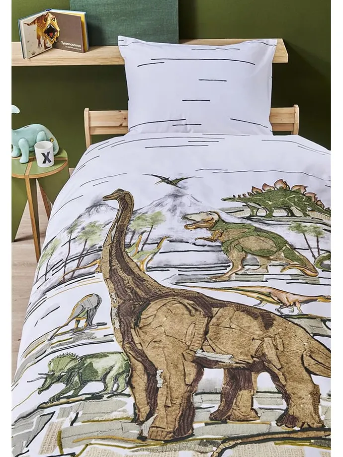 Renforcé-Bettwäsche-Set "Dinosaurs" in Weiß/ Beige