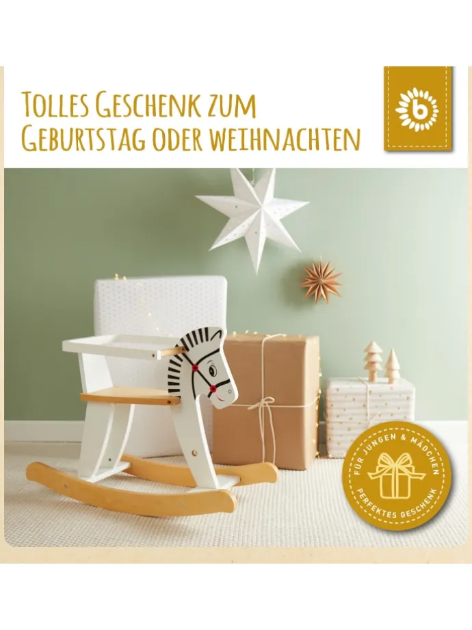 Schaukeltier aus Holz Zebra in Weiß