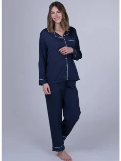 Schlafanzug in Satin-Optik mit Knopfleiste in blau