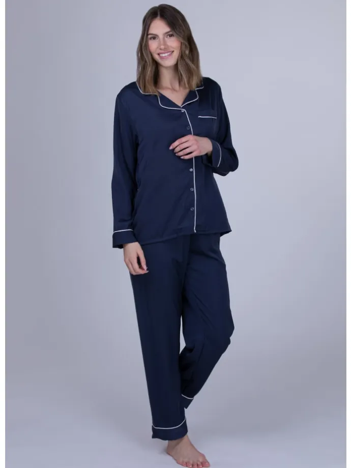 Schlafanzug in Satin-Optik mit Knopfleiste in blau