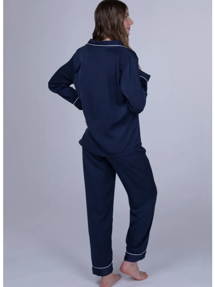 Schlafanzug in Satin-Optik mit Knopfleiste in blau