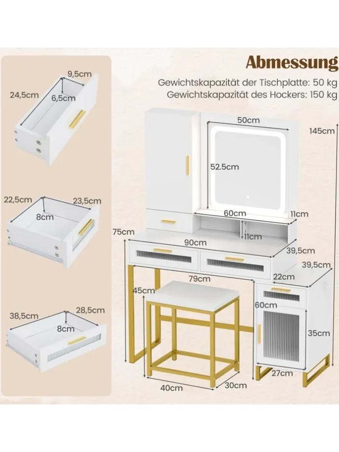 Schminktisch mit LED-Beleuchtung 112 x 39,5 x 145 cm in Weiß