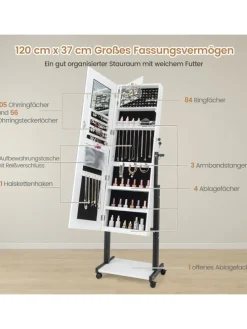 Schmuckschrank LED mit Rollen 4 in 1 in Weiß