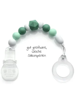Schnullerkette mit Silikon-Perlen & Gummiring in gruen,grau